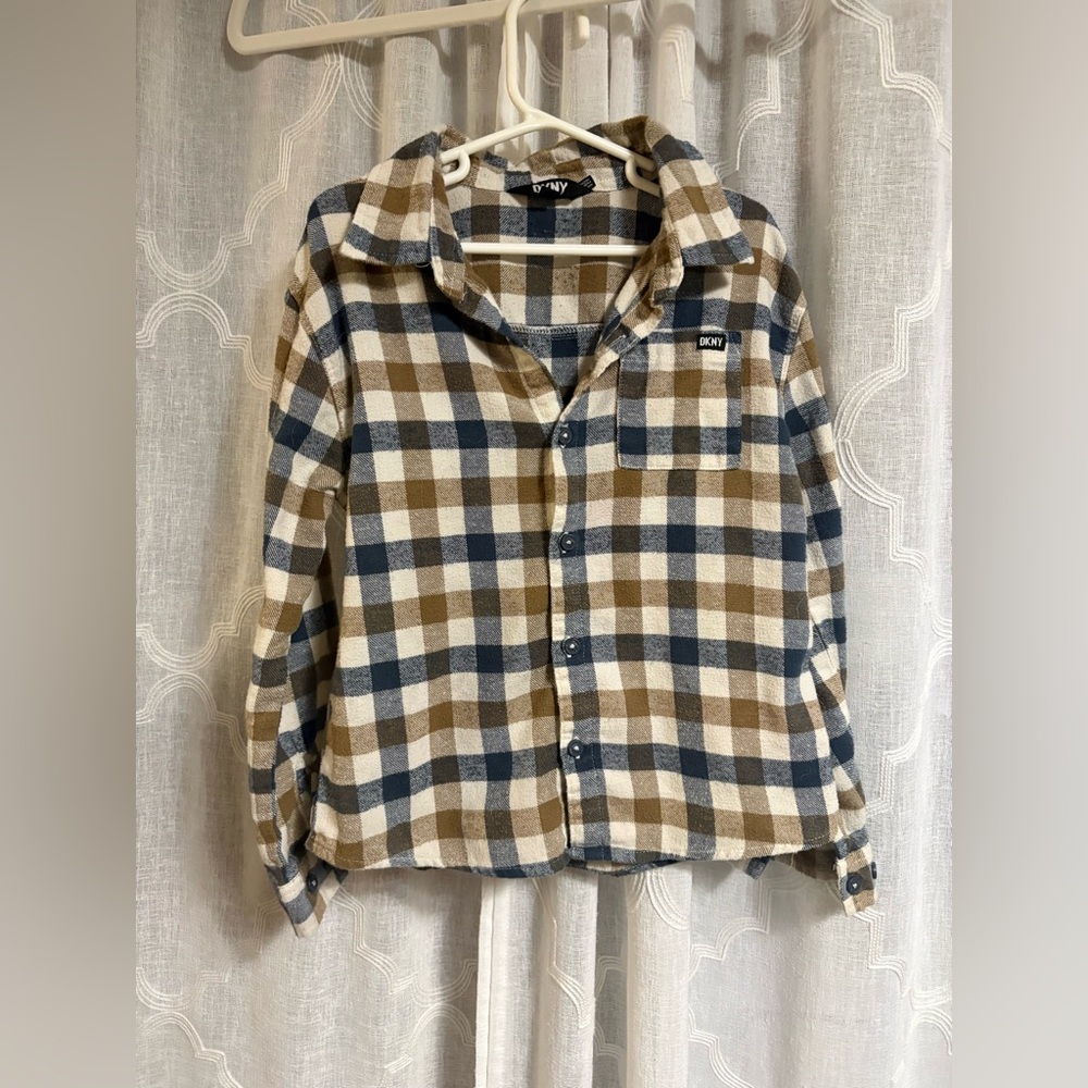 DKNY Boys Flannel Shirt Navy Cream Brown Plaid Long Sleeve Western Size 7